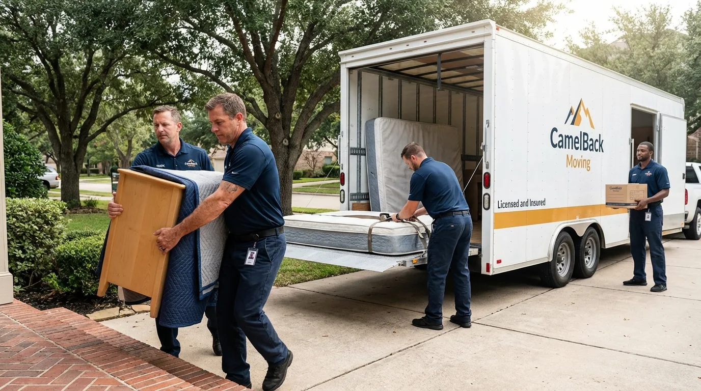 Crew loading residential truck for cross-state move from Hamburg, IA