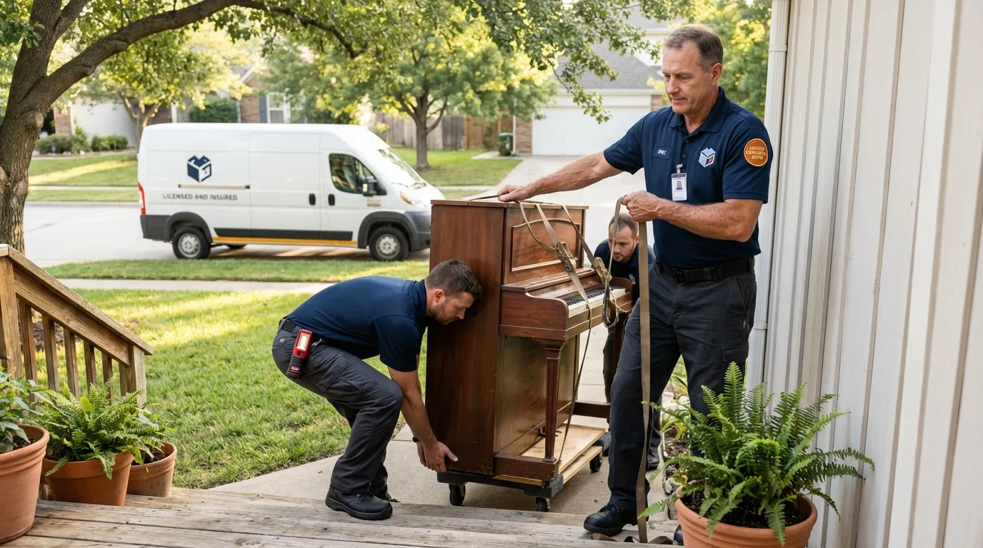 Licensed piano movers securing grand piano in Hamburg, IA