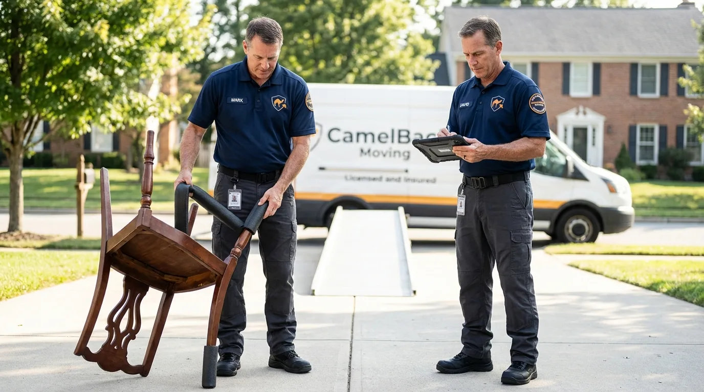 Movers inspecting furniture for damage prevention before loading in Hamburg, IA