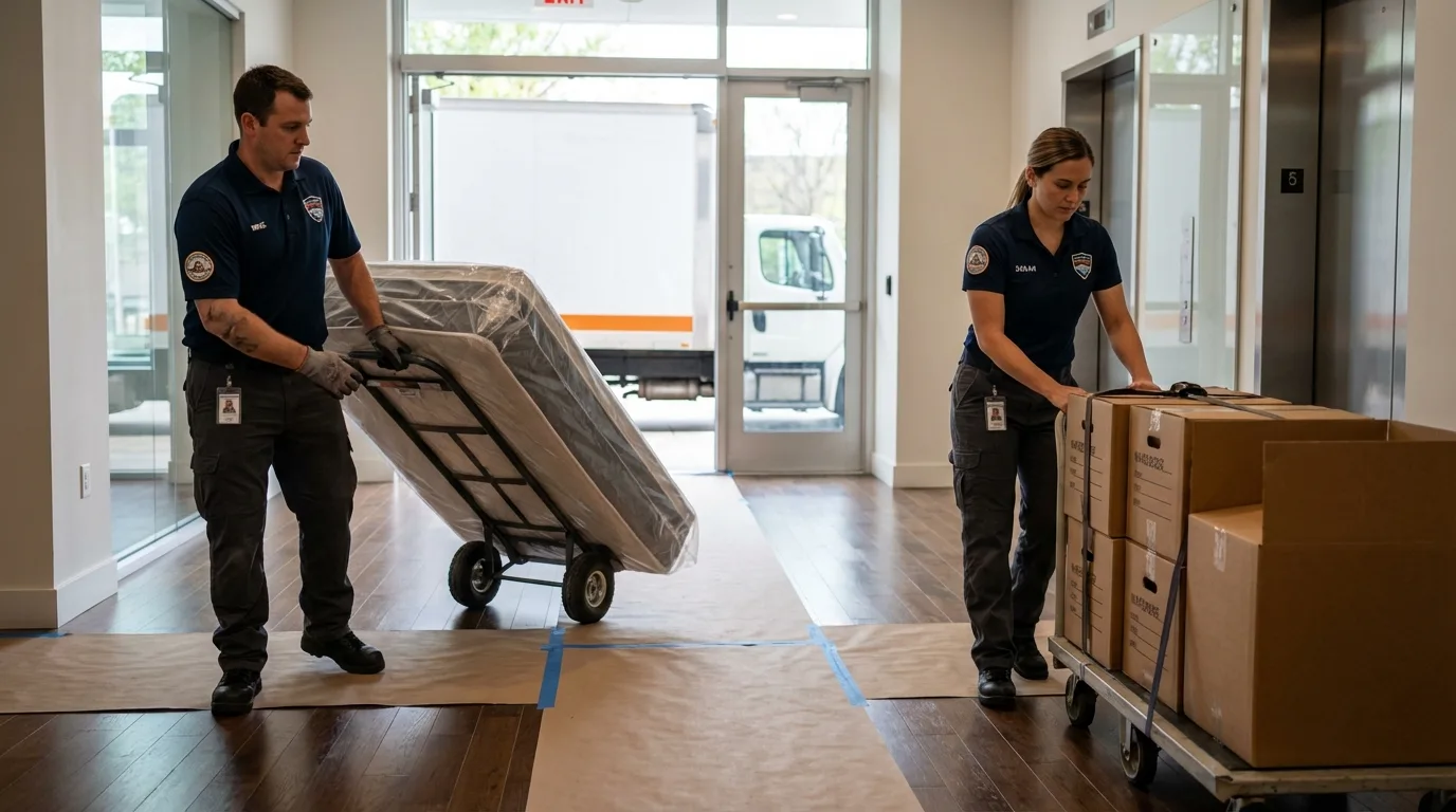 Professional apartment movers loading elevator in Hamburg, IA