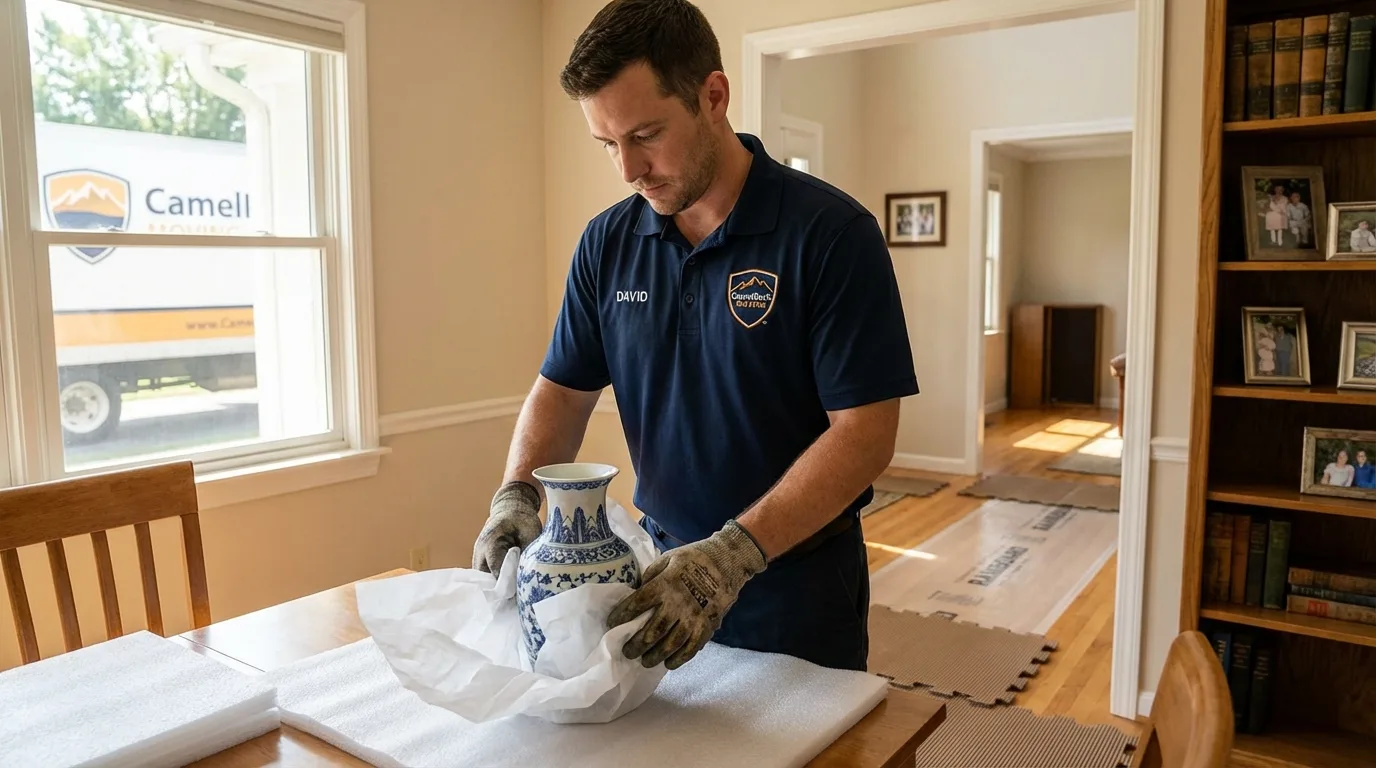 Professional crew carefully wrapping antique vase for senior downsizing move in Hamburg, IA