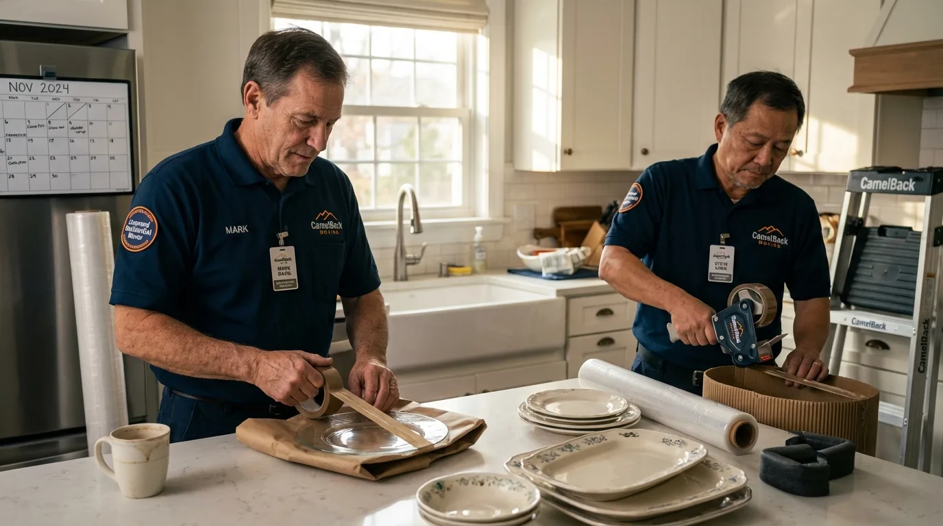 Professional crew packing kitchen dishware in Hamburg, IA